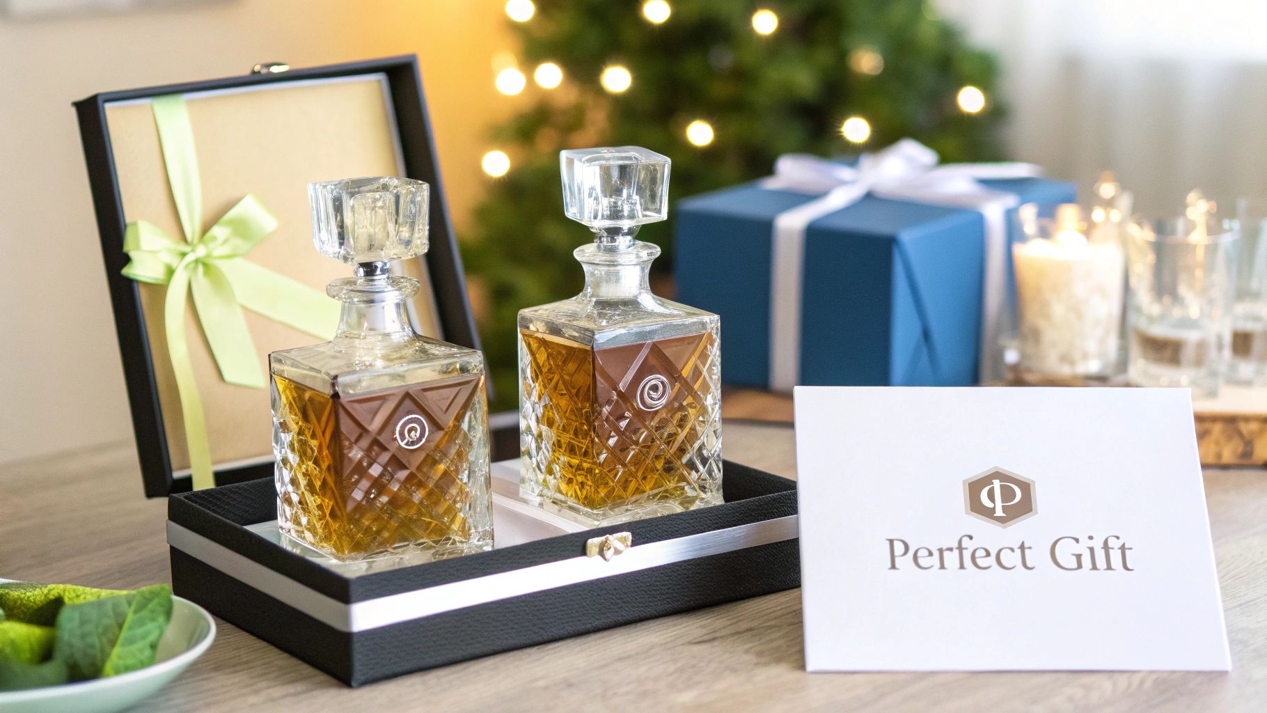 Two elegant crystal liquor decanters in a luxurious gift box, with a festive holiday background.