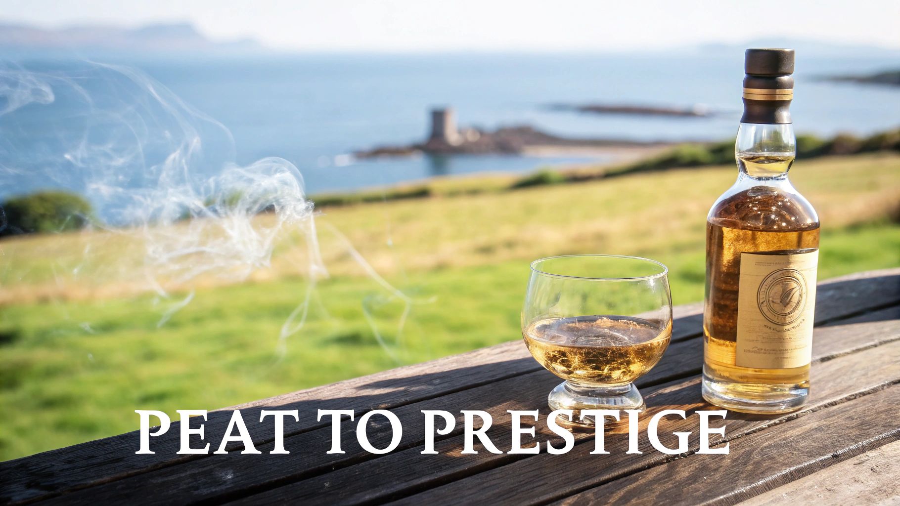 A bottle and glass of whisky on a wooden table with a smoky coastal background and sea castle.