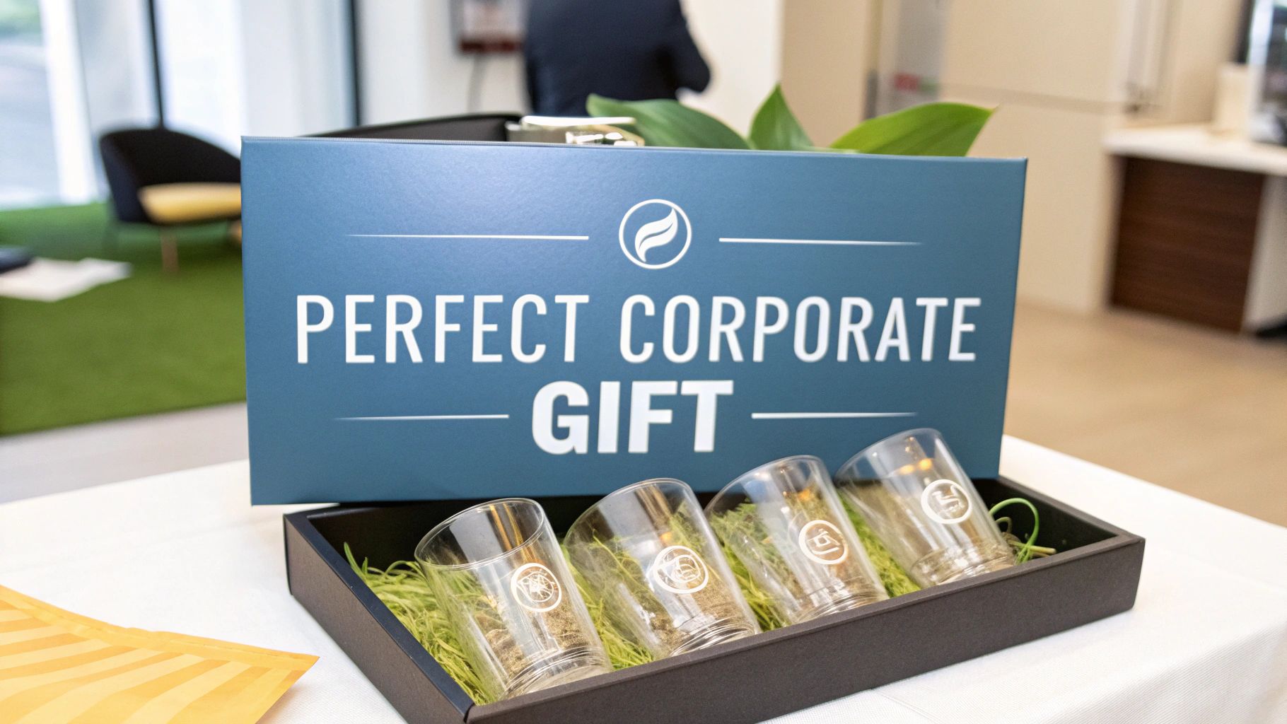 Corporate gift box labeled 'Perfect Corporate Gift' featuring four branded glasses on a table.