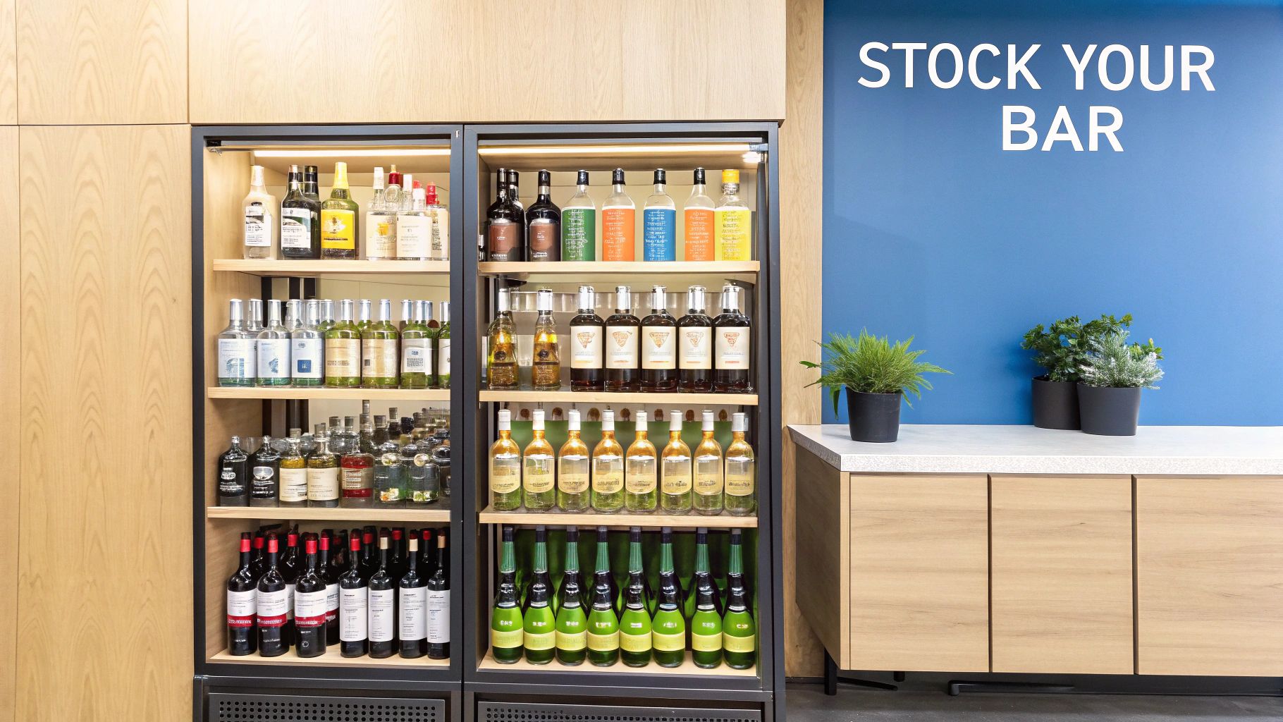 Two display cases stocked with various bottles of liquor, wine, and mixers, next to a counter.