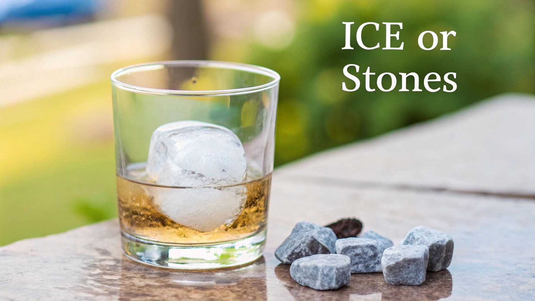 A glass of whiskey with an ice ball and several whiskey stones on a table, asking 'ICE or Stones'.