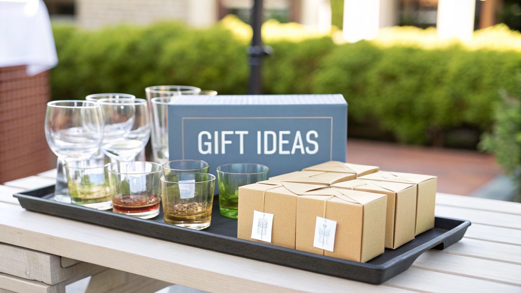 A collection of custom barware glasses displayed on a bar cart, perfect for a special event.
