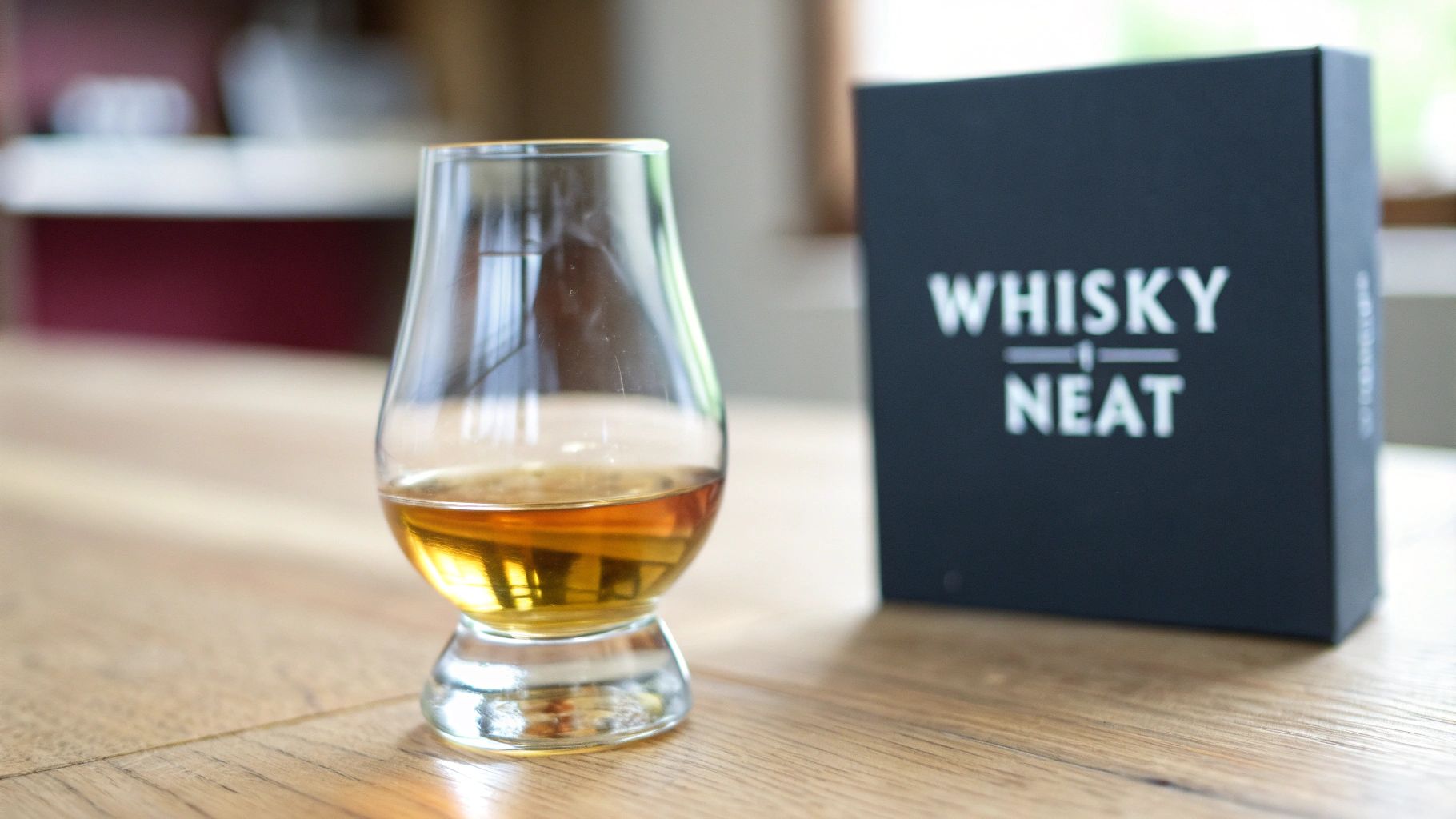 A Glencairn glass filled with amber whisky sits on a wooden surface beside a 'Whisky Neat' box.