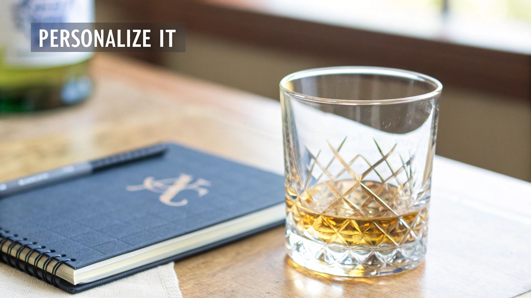 An etched whiskey glass with amber liquid sits on a wooden table next to a black notebook.