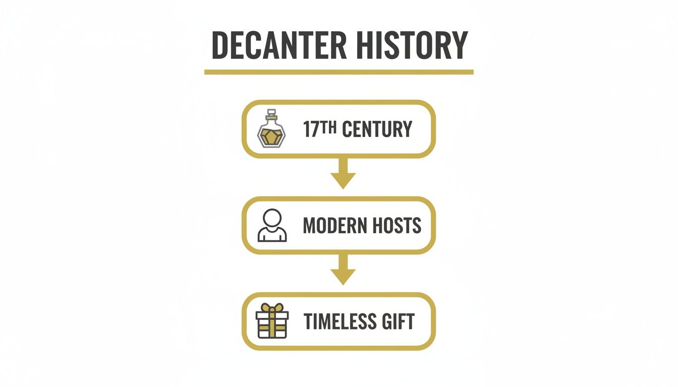 A flowchart showing decanter history, from the 17th century to modern use and as a timeless gift.