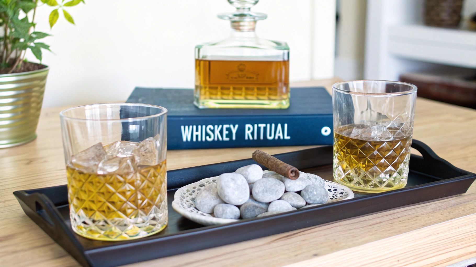 A whiskey decanter, two glasses of whiskey, a book, and a cigar on a wooden table.