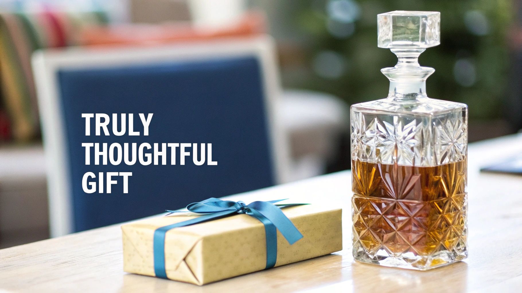 A beautiful crystal decanter filled with whiskey next to a thoughtfully wrapped gift box with a blue ribbon.