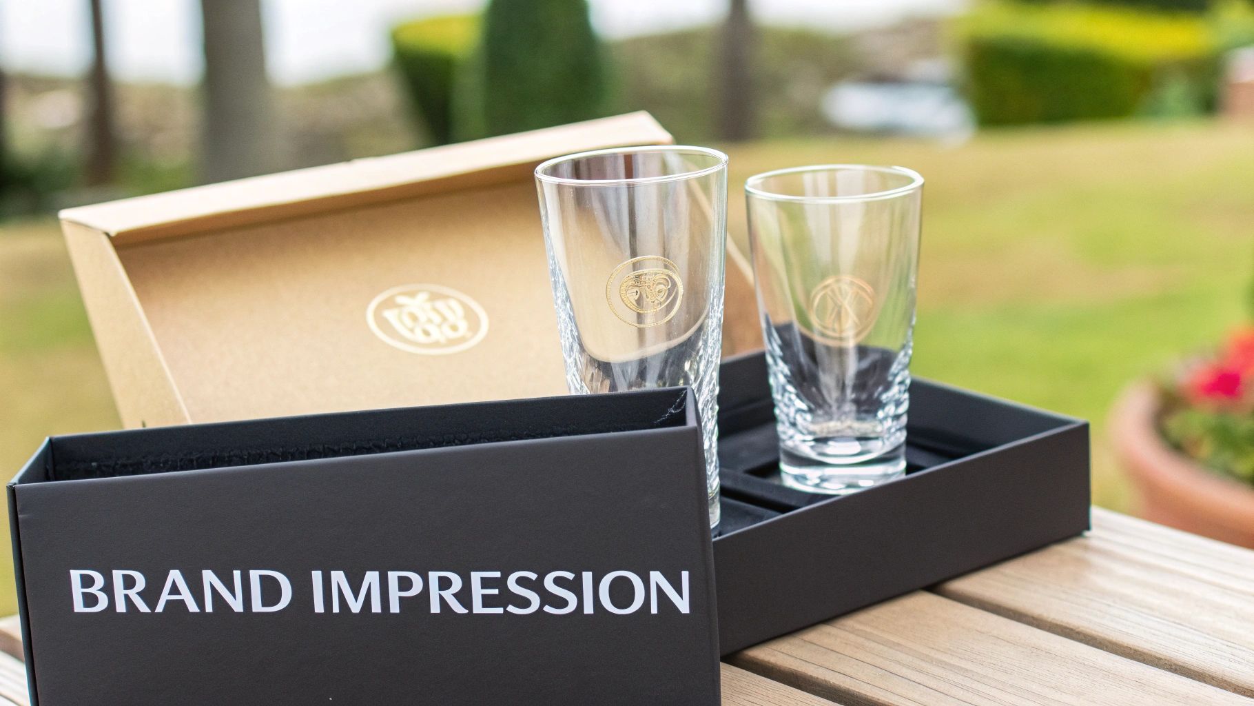 Two elegant glasses with gold logos in a black gift box, placed on a wooden table outdoors.
