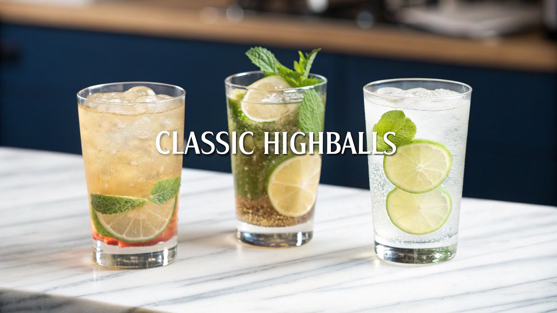 Three refreshing classic highball cocktails with ice, lime, and mint garnishes on a marble counter.