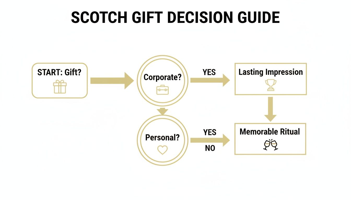 A flowchart titled 'Scotch Gift Decision Guide' showing paths from 'Gift?' to 'Corporate?' or 'Personal?', leading to 'Lasting Impression' or 'Memorable Ritual'.