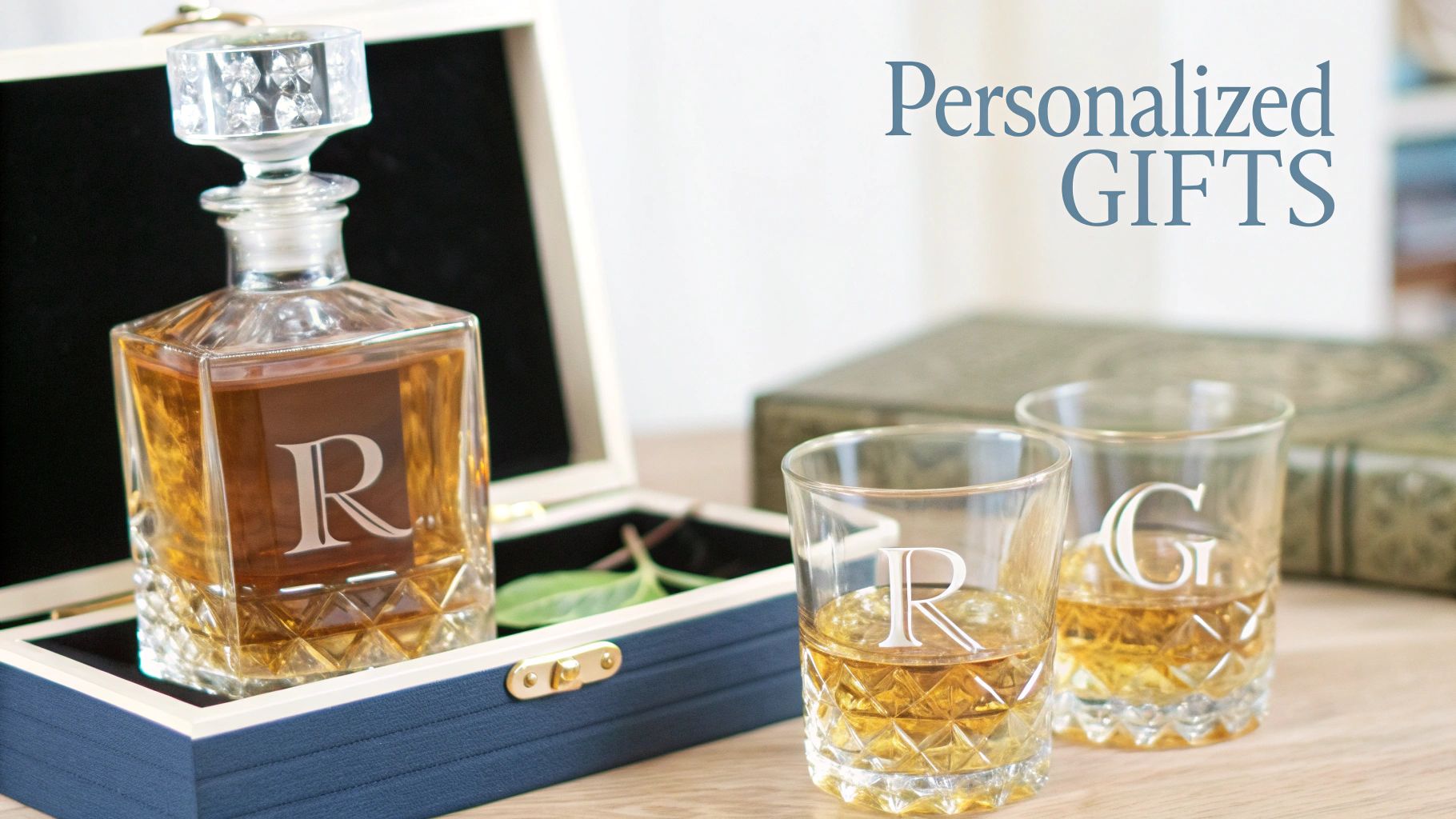 A custom whiskey decanter and two glasses with initials 'R' and 'G' in a stylish gift box.