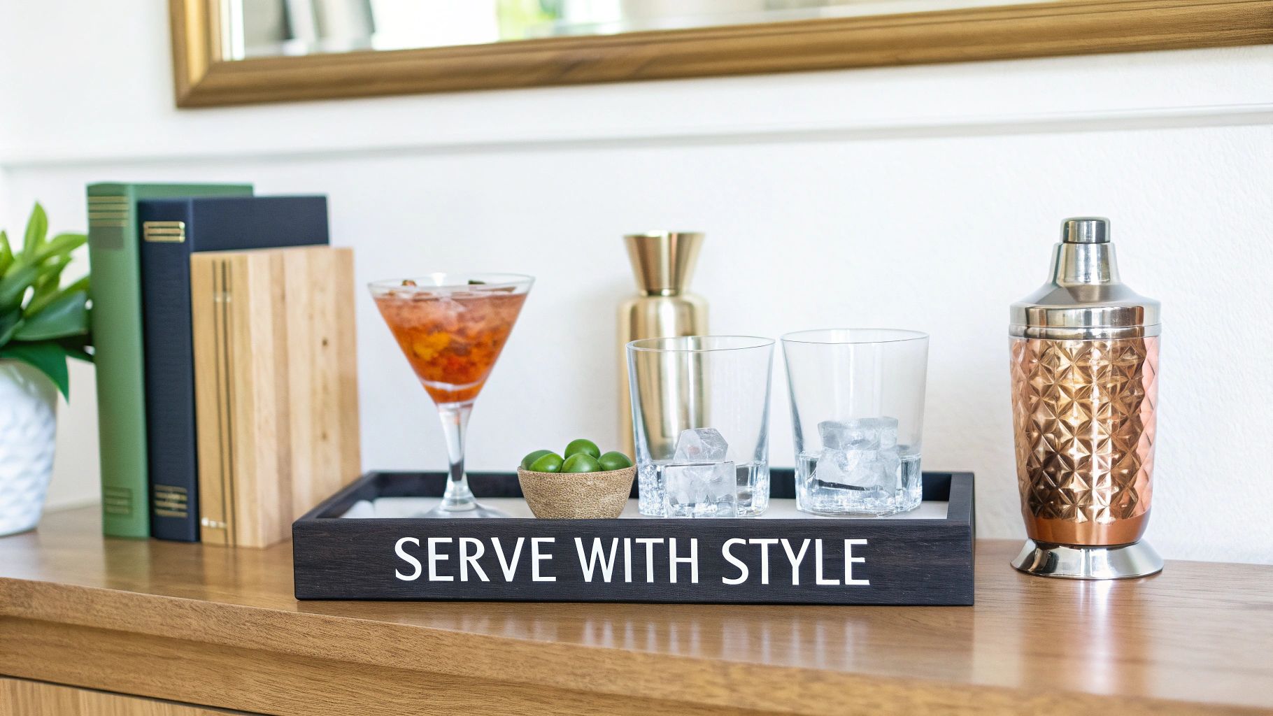 A stylish home bar setup featuring a "SERVE WITH STYLE" tray, cocktails, ice, olives, and shakers.