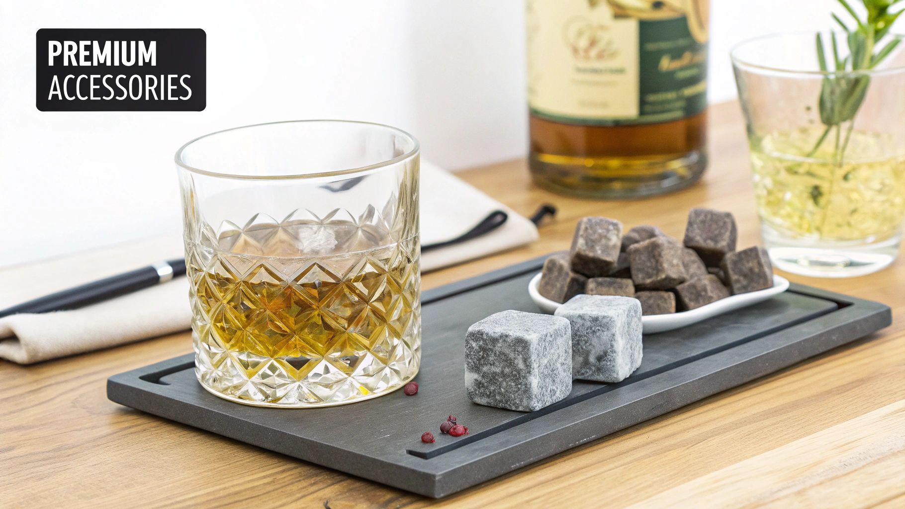 A stylish whiskey glass with golden liquor and granite chilling stones on a dark serving tray.
