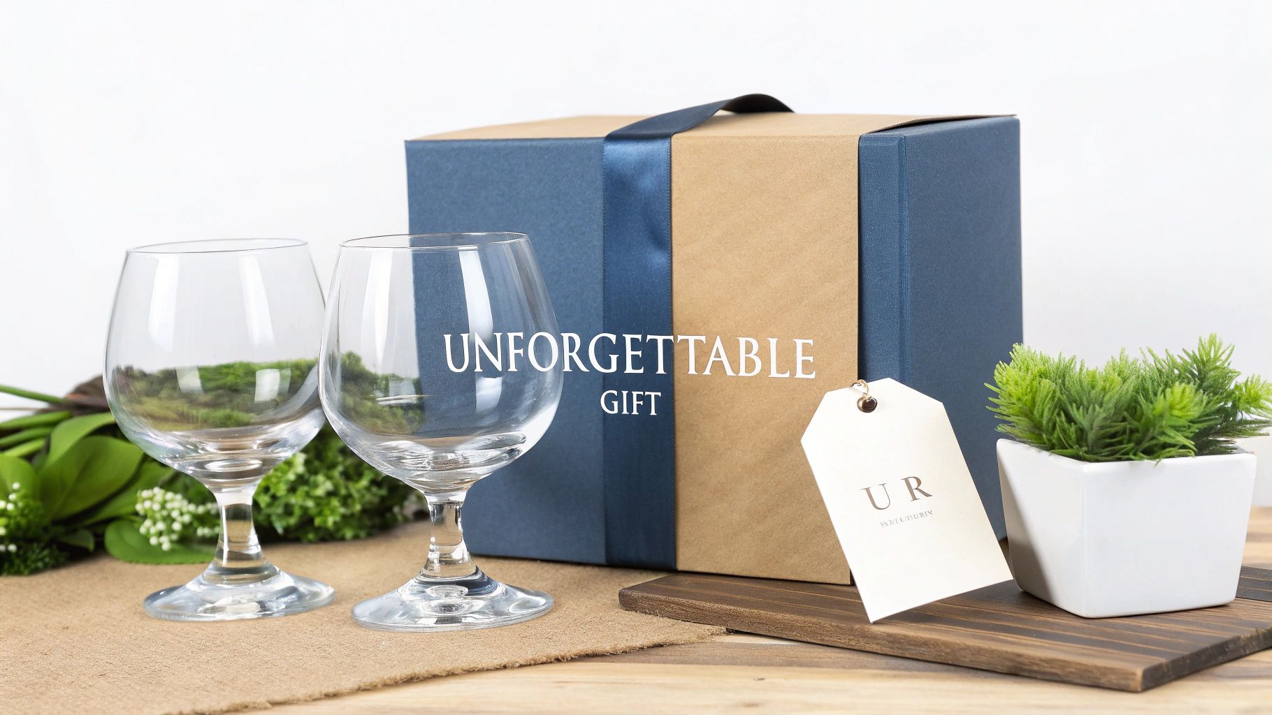 Two empty snifter glasses next to a blue and brown gift box, "UNFORGETTABLE GIFT" text.
