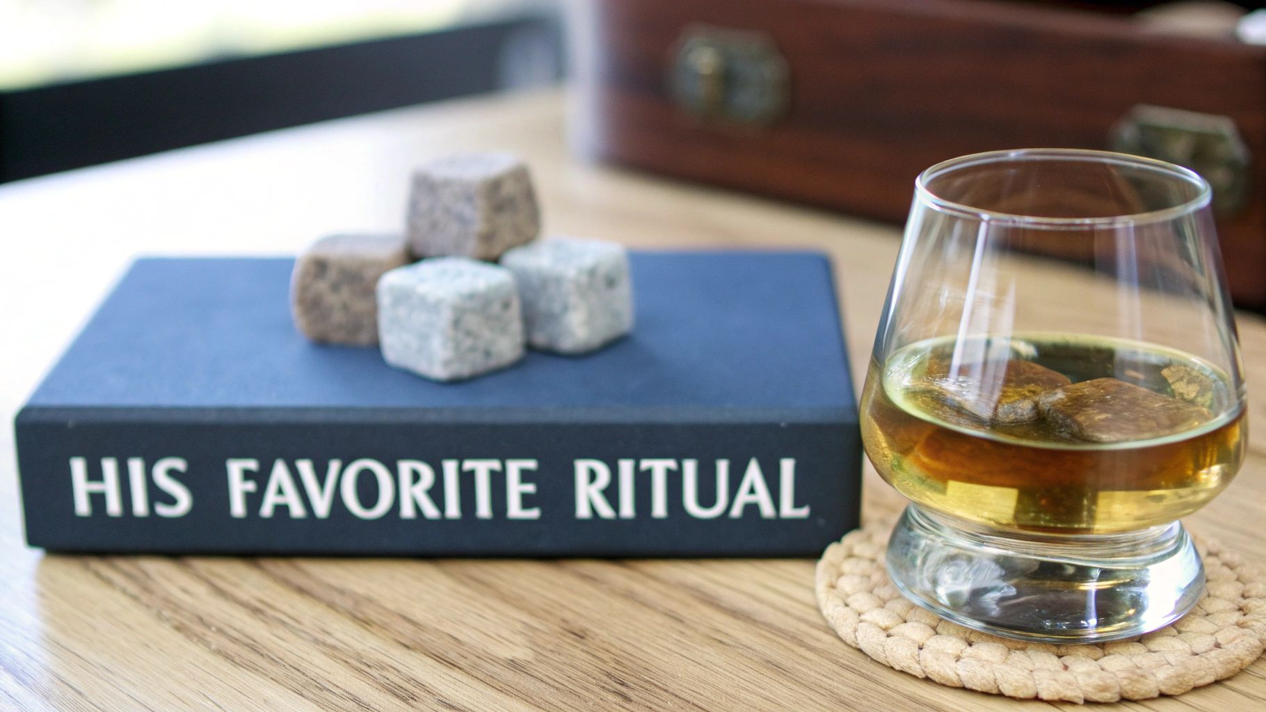 A book titled 'HIS FAVORITE RITUAL' with whiskey stones, next to a glass of whiskey on a coaster.