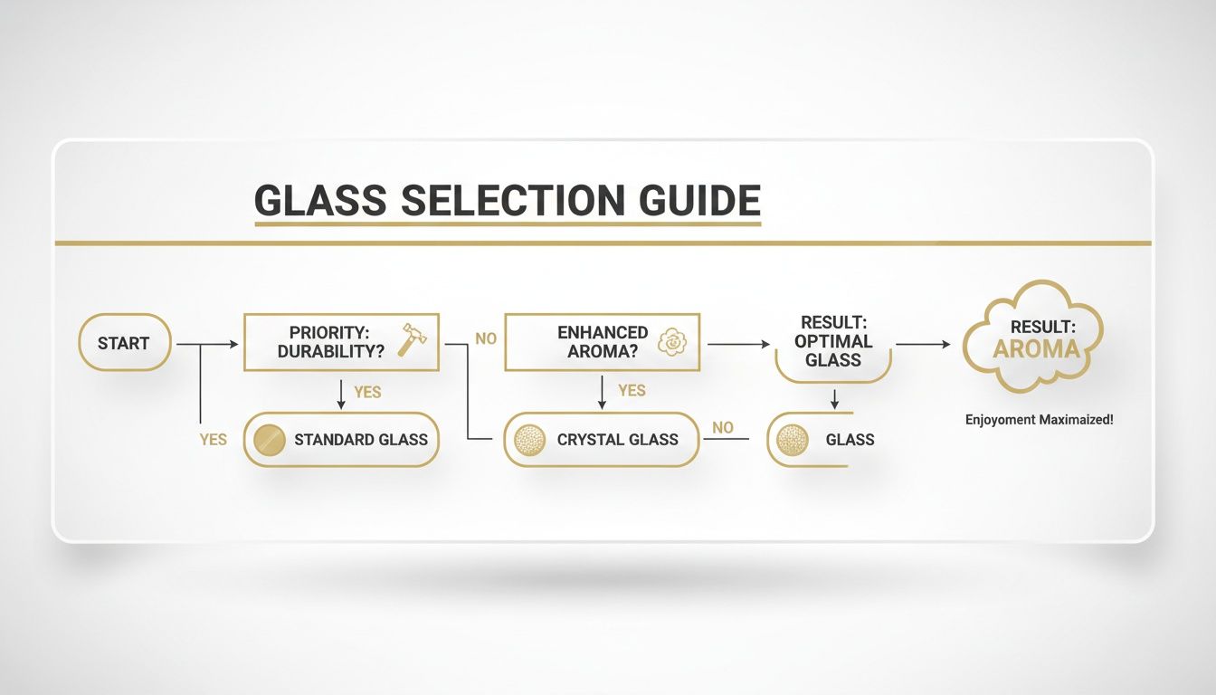 Flowchart guiding glass selection based on durability or enhanced aroma, leading to optimal glass and maximized enjoyment.