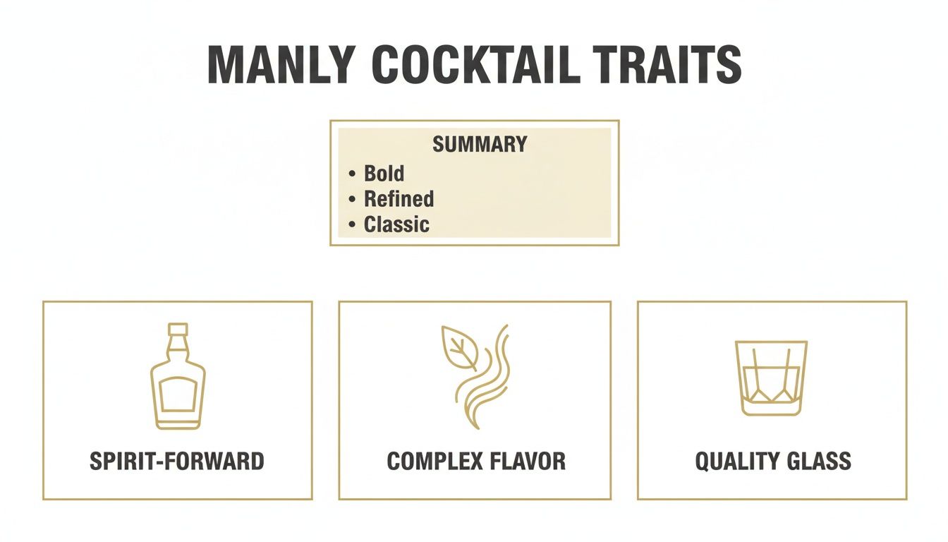 An infographic displaying manly cocktail traits, including a summary of bold, refined, classic, and characteristics like spirit-forward, complex flavor, and quality glass.