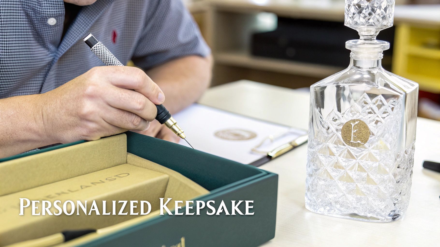 A person engraves a crystal decanter with a monogram 'E', creating a personalized keepsake gift.