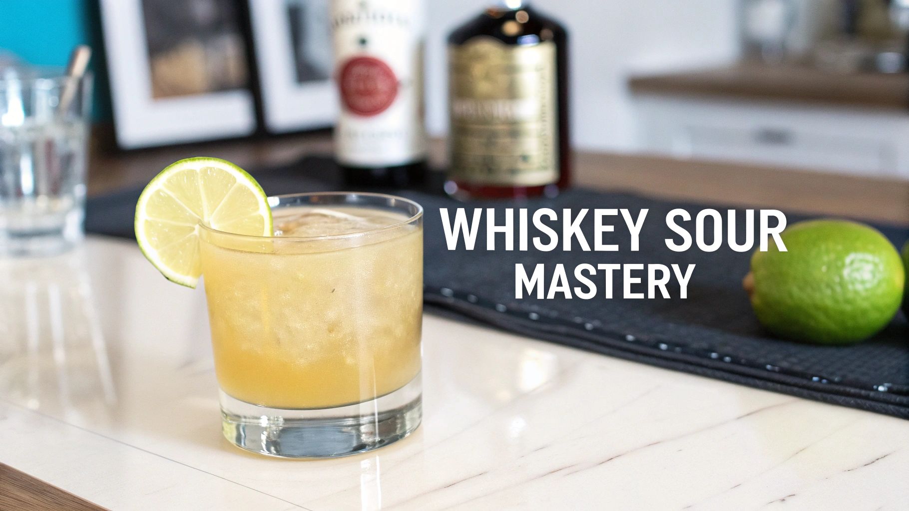 A refreshing whiskey sour cocktail garnished with a lime slice on a white marble counter, with liquor bottles in the background.