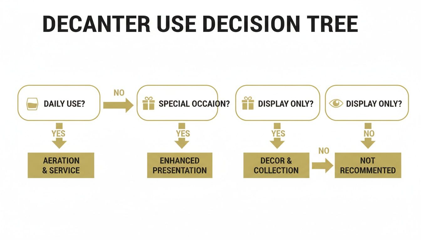 A decanter use decision tree flowchart guiding on when and how to use a decanter for various occasions.
