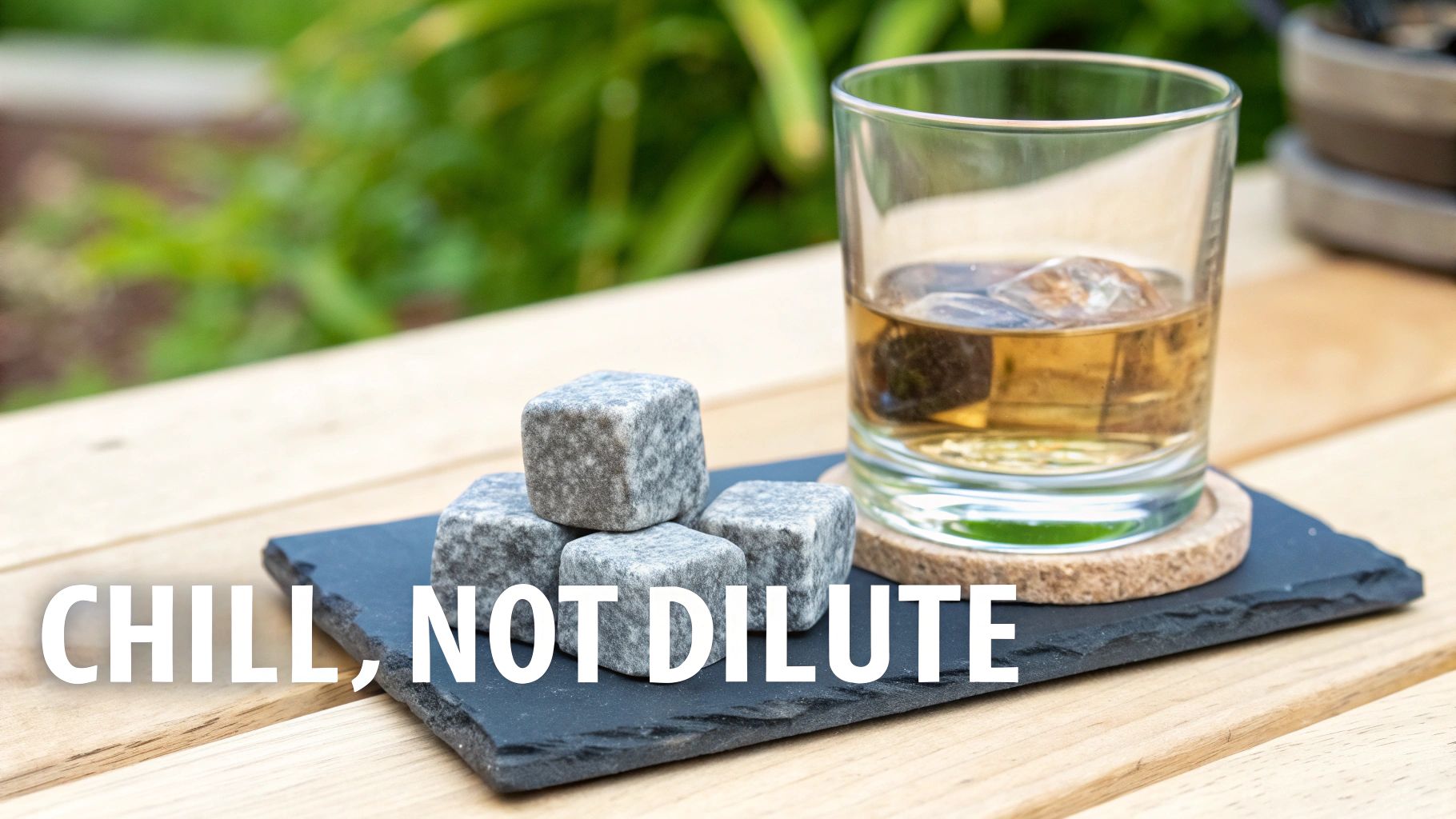 A glass of bourbon with whiskey chilling stones inside
