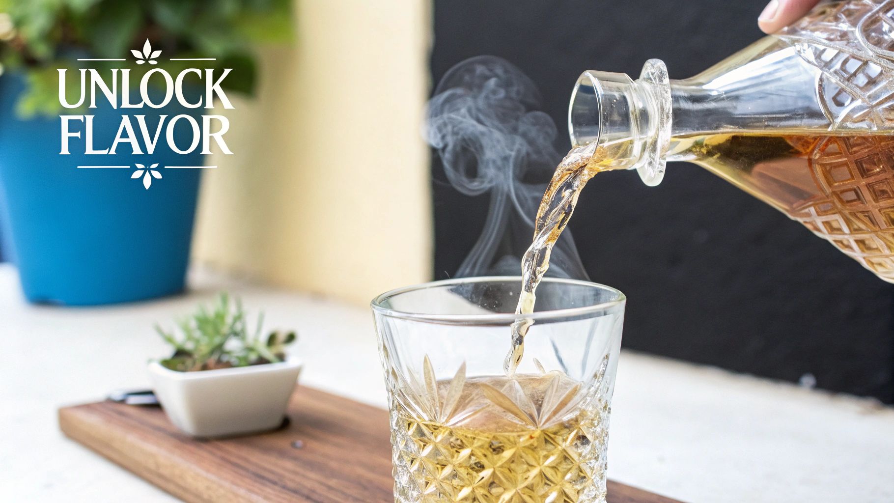 A hand pours golden whiskey from a crystal decanter into a glass with smoke rising.