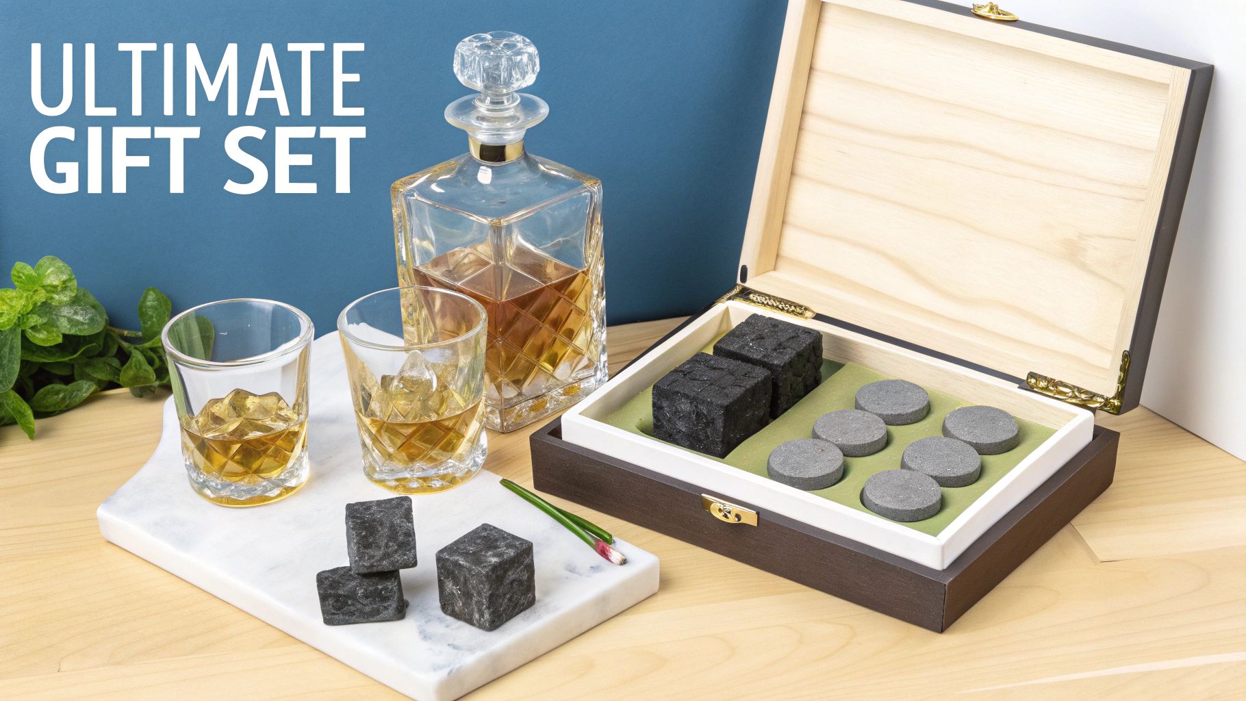 A luxurious ultimate gift set featuring a scotch decanter, two whiskey glasses, and chilling stones.