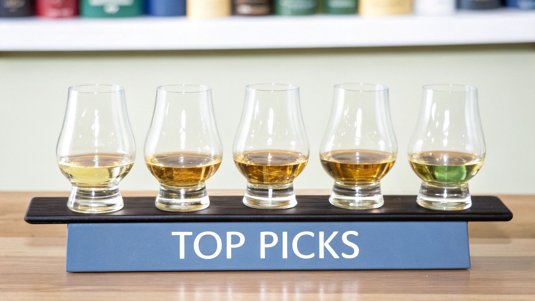 A set of crystal Glencairn glasses catching the light, symbolizing a premium gift choice.