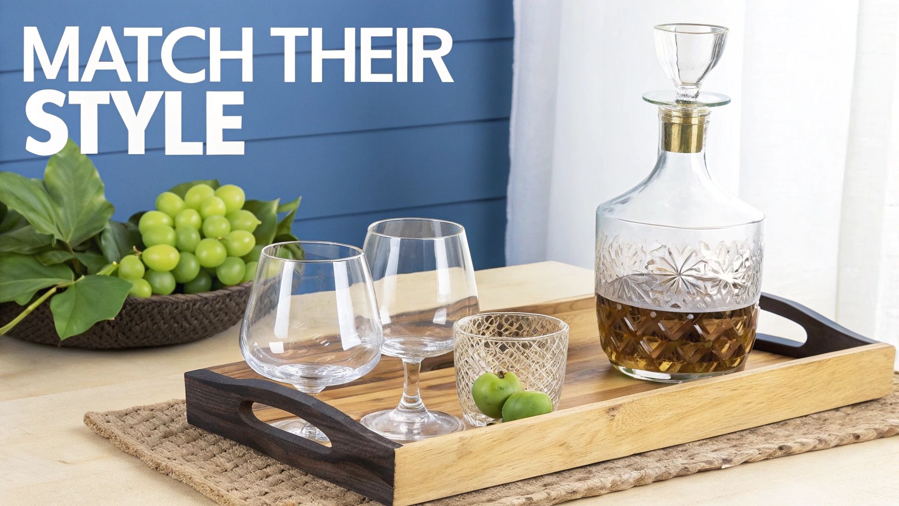 Elegant display of a decanter, glassware, and grapes on a wooden serving tray, with text 'MATCH THEIR STYLE'.