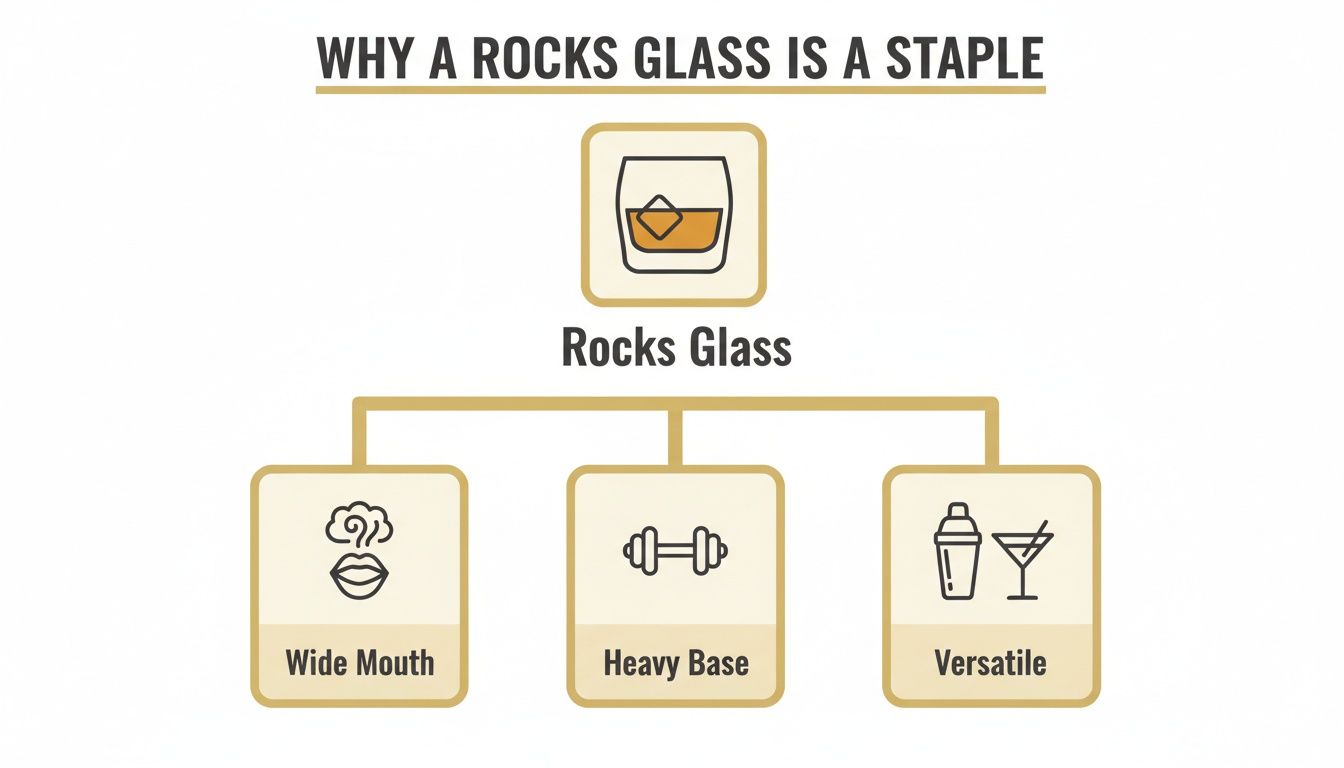 An infographic explaining why a rocks glass is a staple due to its wide mouth, heavy base, and versatility.