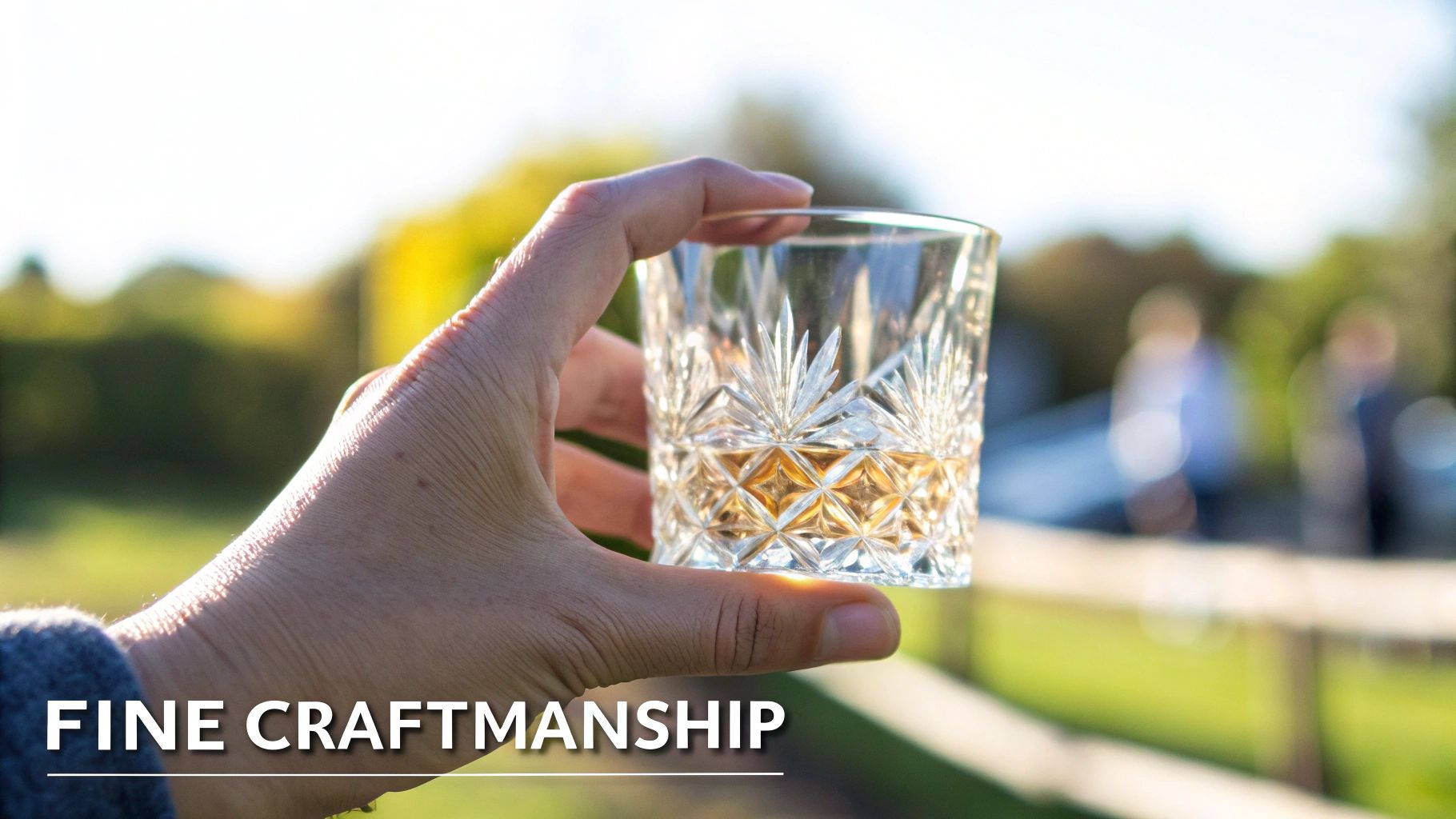 A hand holding a beautifully cut crystal whiskey glass with golden liquor, in a sunny outdoor setting.