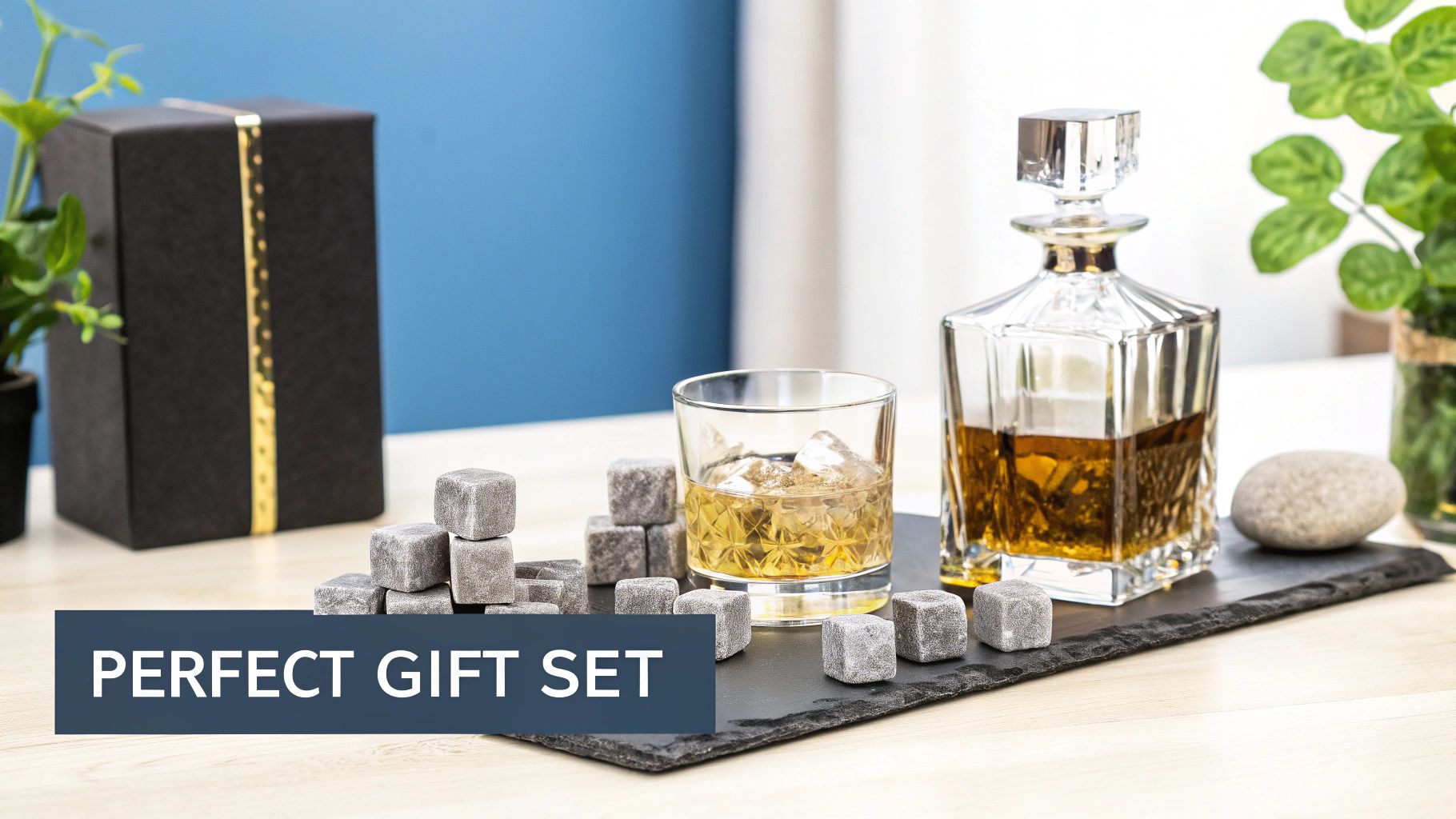 Luxury whiskey gift set with decanter, glass, chilling stones, and a black gift box.