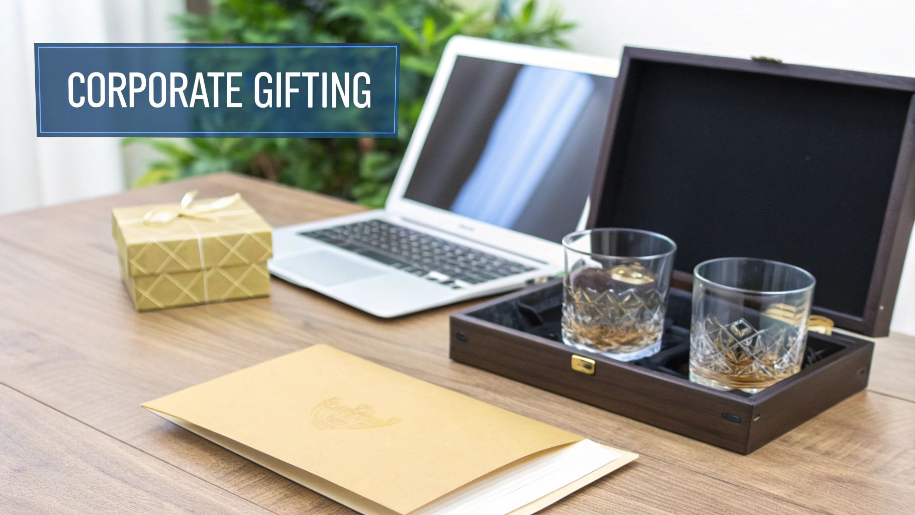 Corporate gifting display on a wooden table with a gold gift box, laptop, and whiskey glasses.