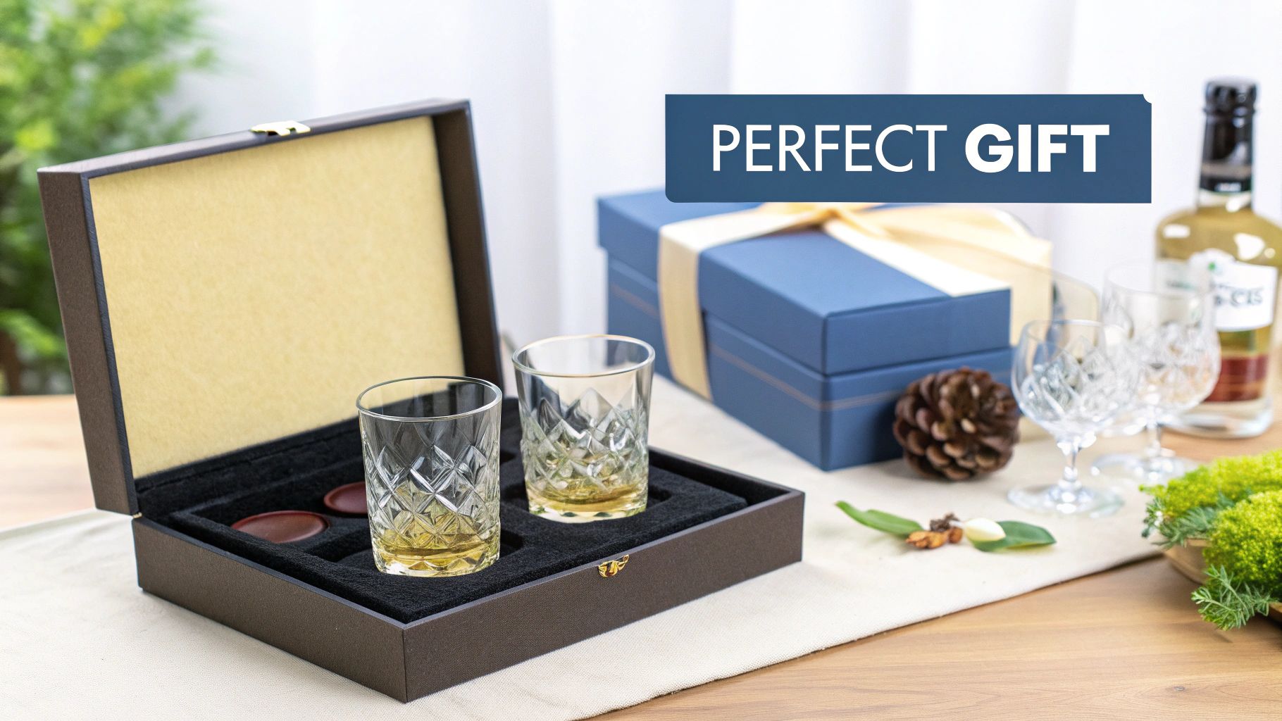 Elegant whiskey gift set with two patterned glasses in a brown box, perfect for gifting.