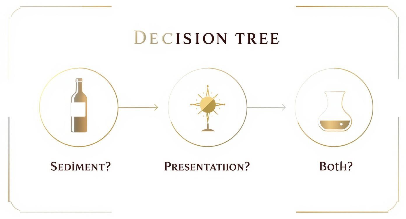 A gold and white decision tree diagram illustrating the process of wine decanting for sediment, presentation, or both.