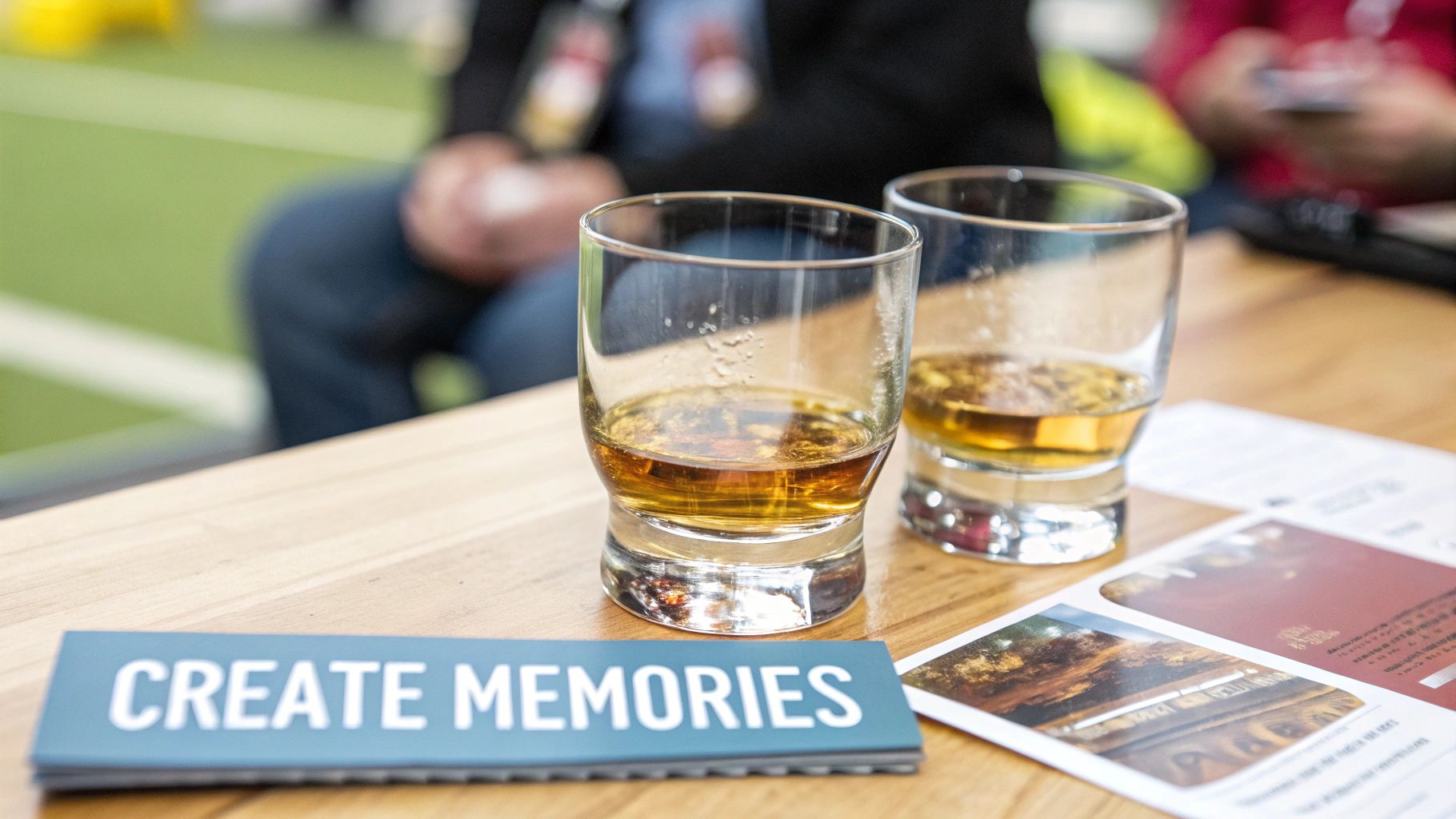 Two glasses of whiskey sit on a wooden table beside a 'CREATE MEMORIES' sign.