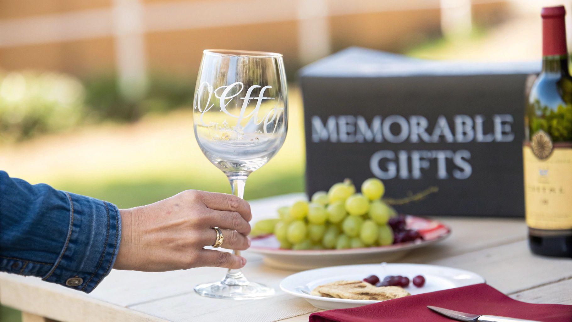 A close-up shot of a personalized whiskey glass with initials engraved on it, sitting next to a decanter.