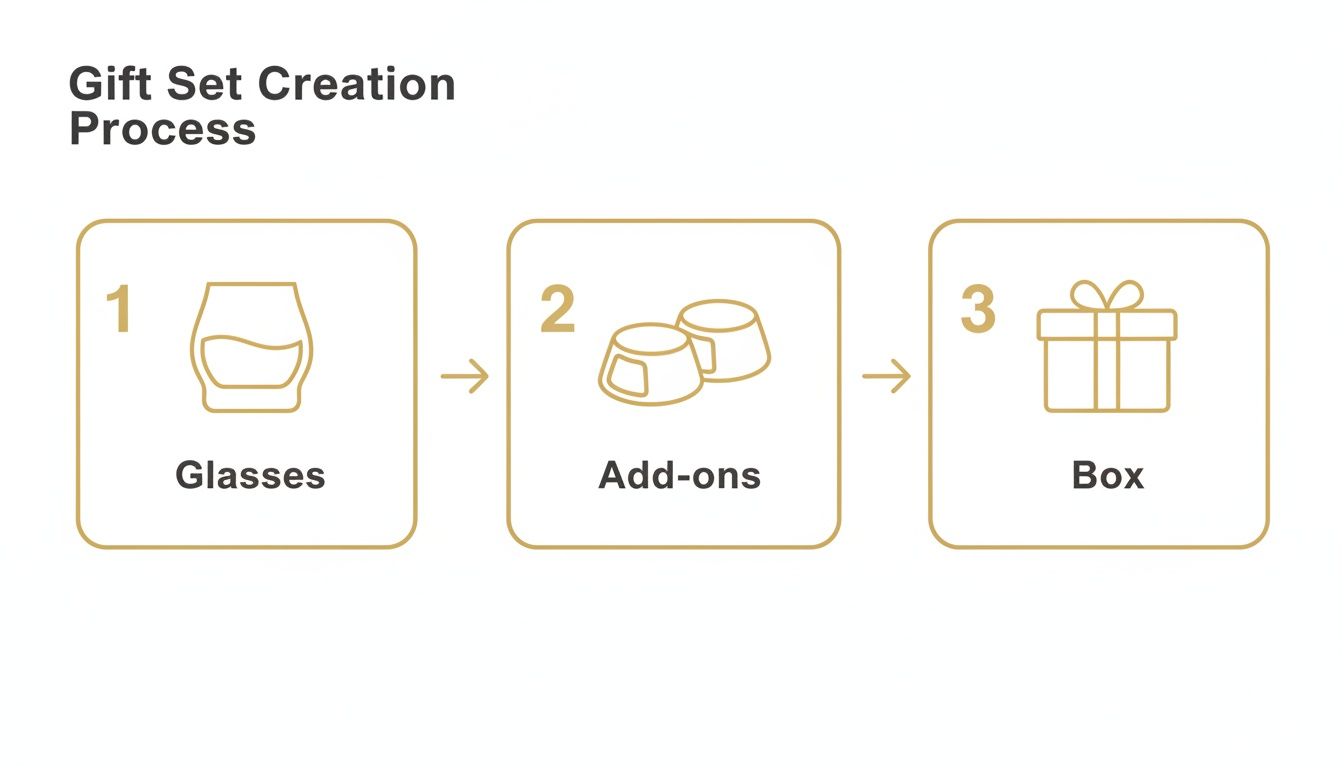 A three-step process for creating a gift set: select glasses, add-ons, then box.