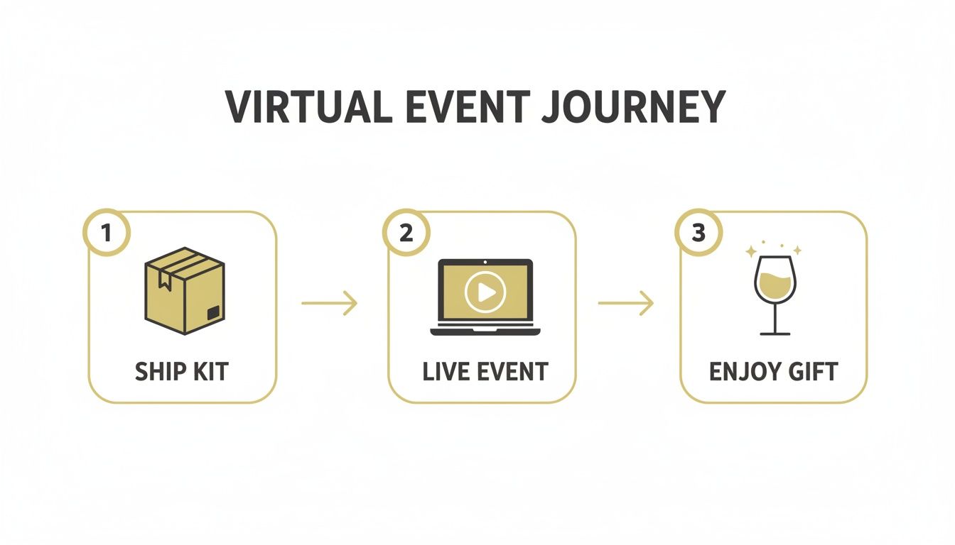 A step-by-step virtual event journey: shipping a kit, attending a live event, and enjoying a gift.