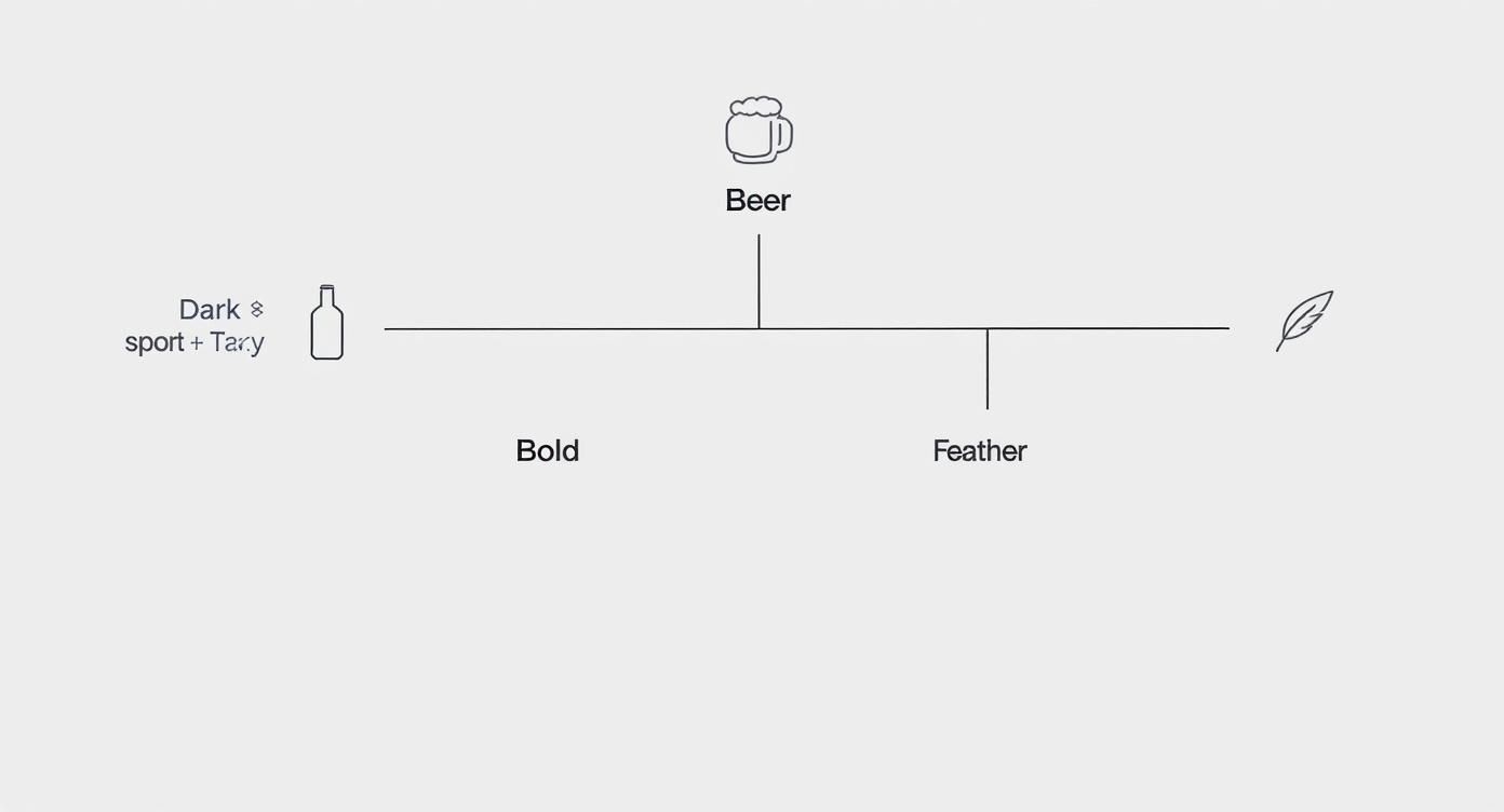 A diagram illustrating a linear scale with icons and text: bottle, Dark, Bold, Beer mug, and Feather.