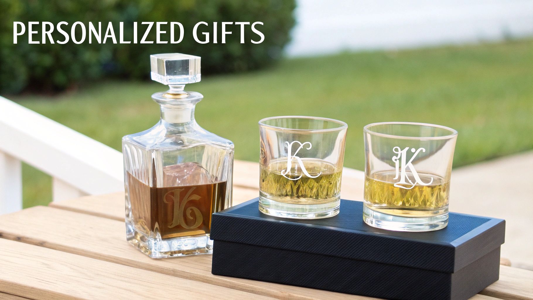 A personalized bourbon decanter and engraved glasses on a dark background