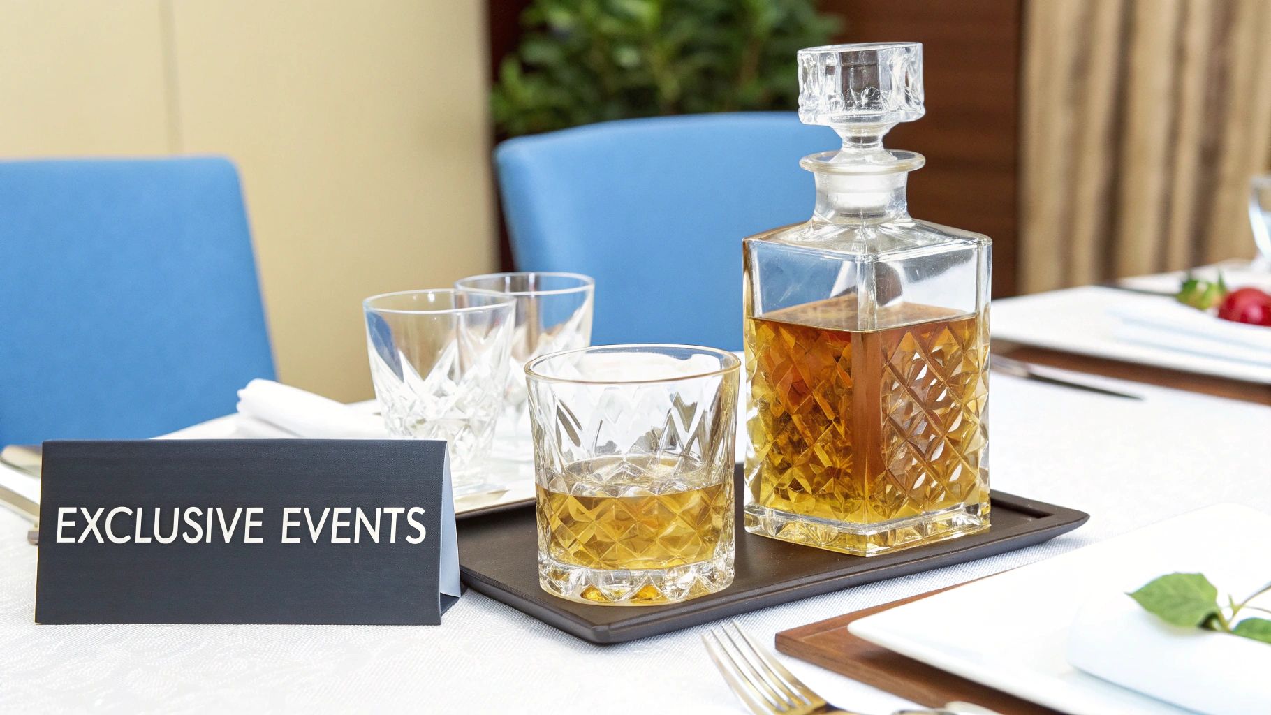A decanter and glasses of amber liquid on a table with an 'EXCLUSIVE EVENTS' sign.