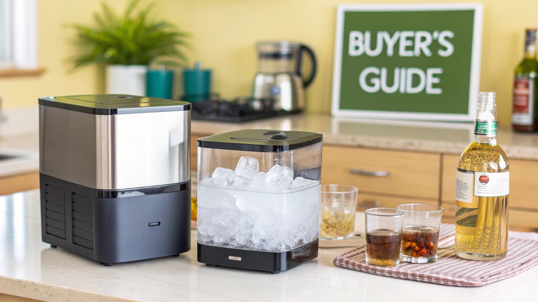 A sleek stainless steel ice maker and a clear ice bucket full of ice on a kitchen counter next to drinks.