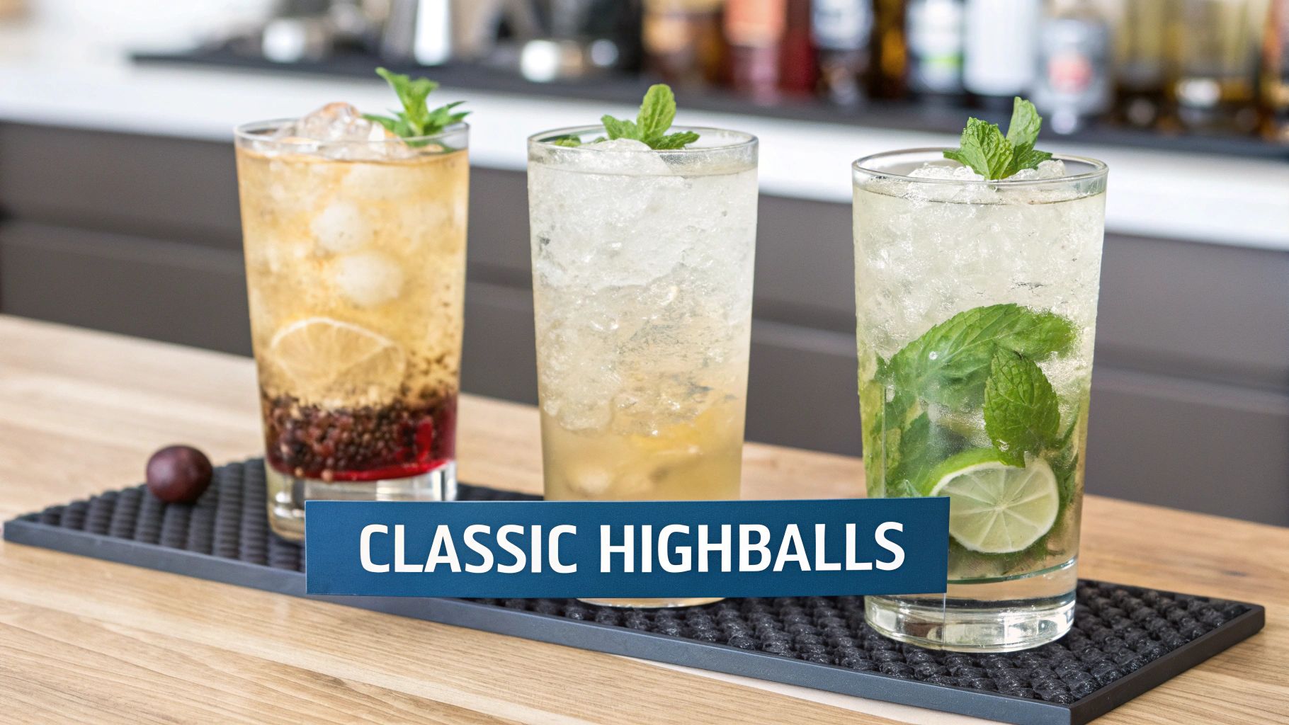 Three refreshing classic highball cocktails, garnished with mint and citrus, on a black bar mat.