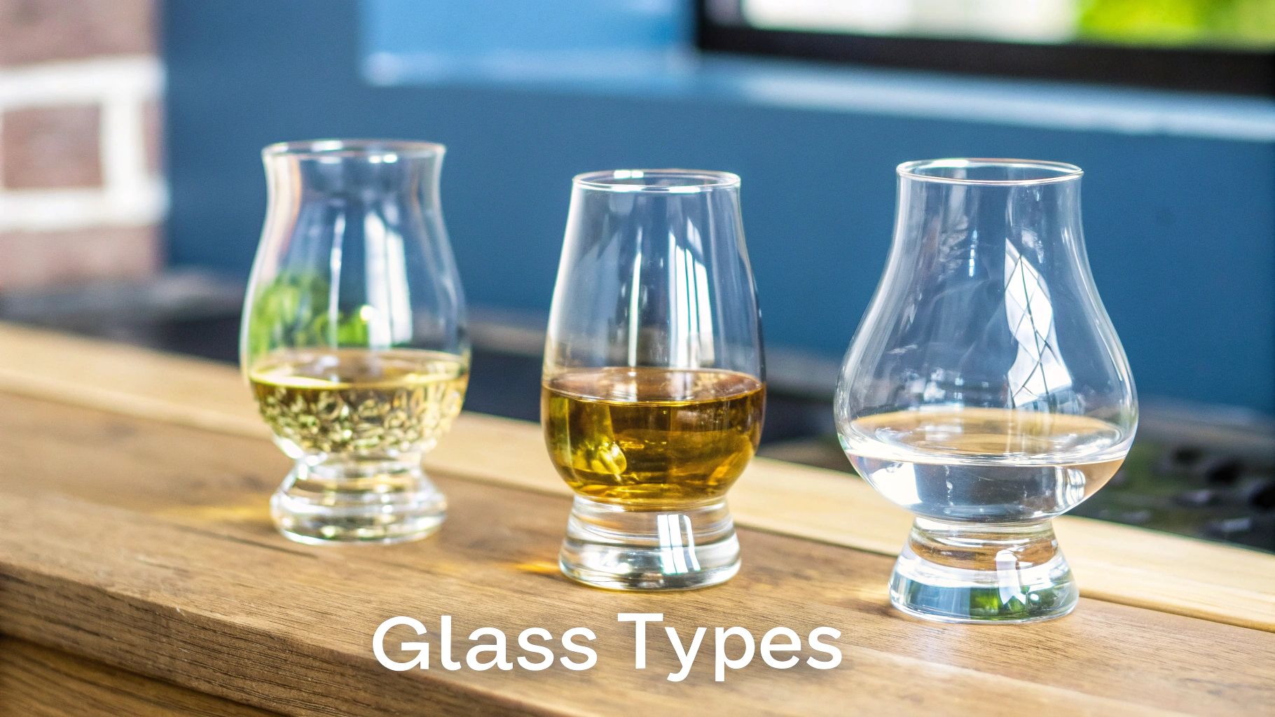 A collection of different whiskey drinking glasses arranged on a wooden surface, showing various shapes and sizes.