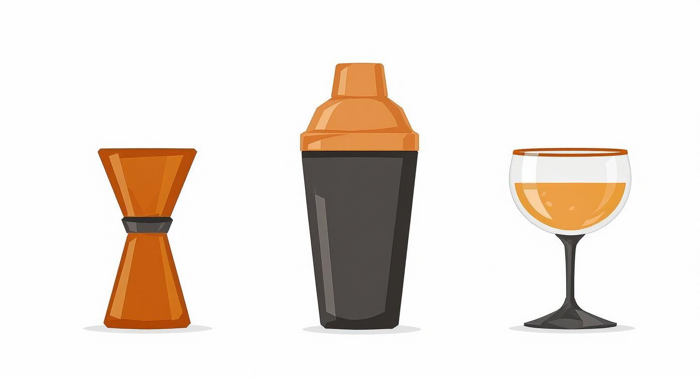 Cocktail preparation essentials: a jigger, a sleek shaker, and a filled stemmed glass.