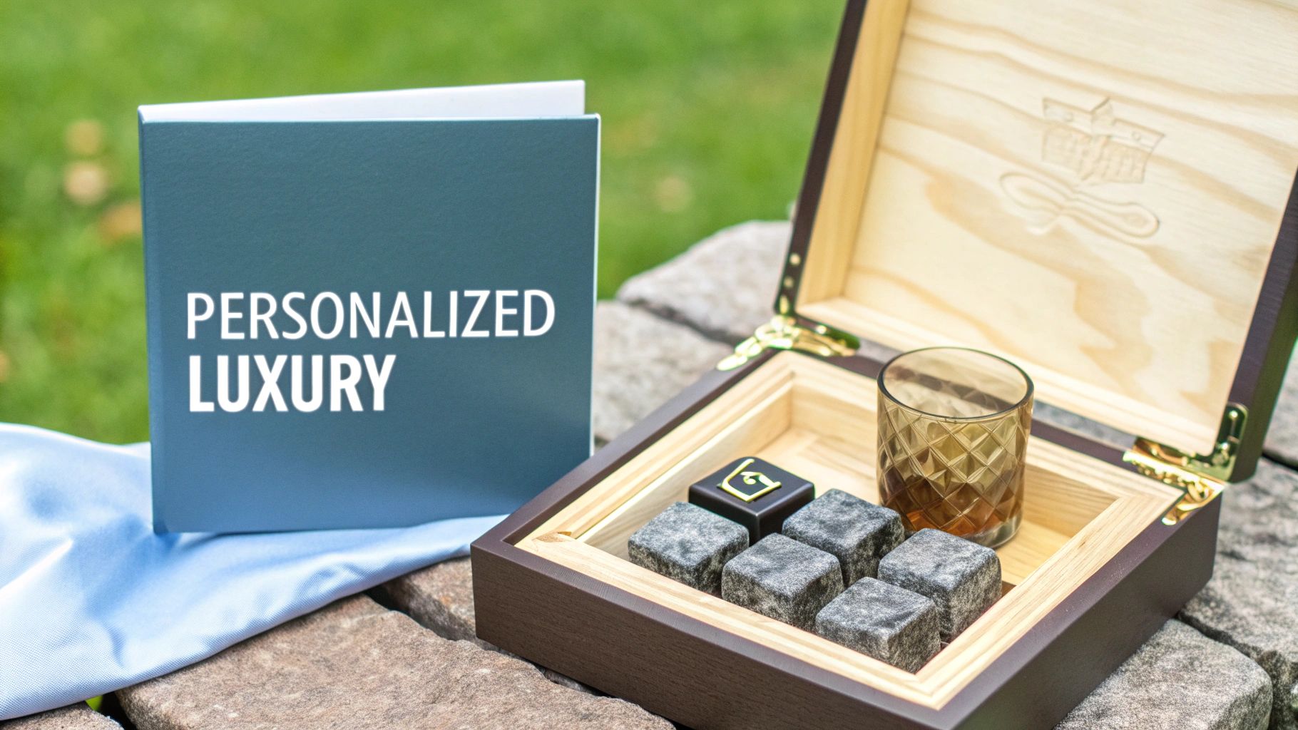 A personalized whiskey glass with chilling stones next to it.