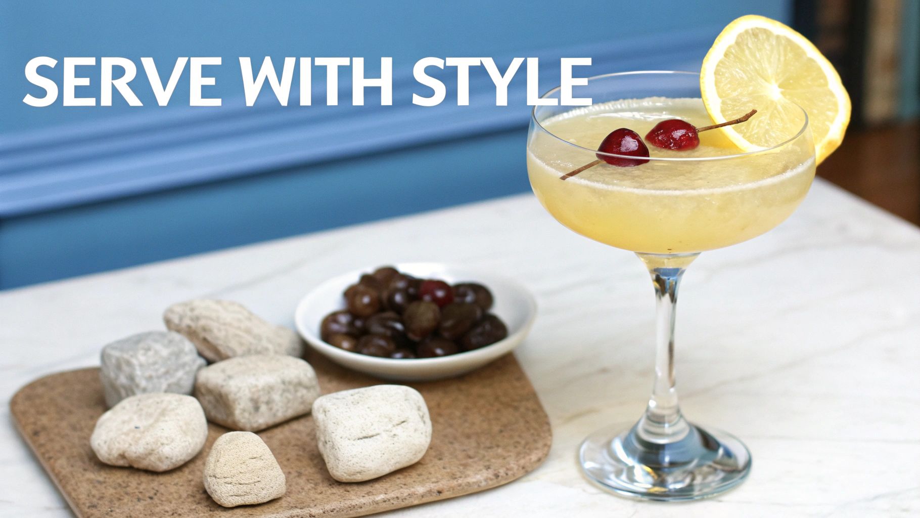 A stylish yellow cocktail garnished with cherries and lemon, served with olives and stone ice cubes.