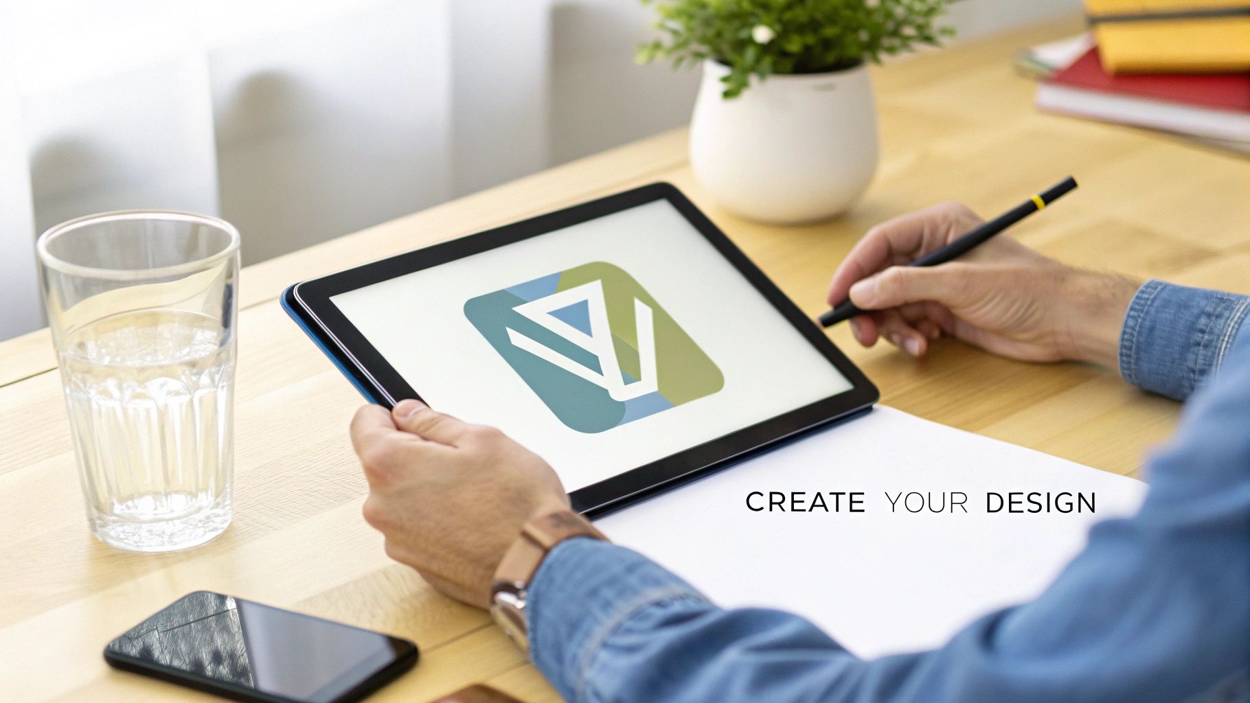 Hands using a tablet to create a colorful logo design, with a pen, glass of water, and smartphone on a desk.