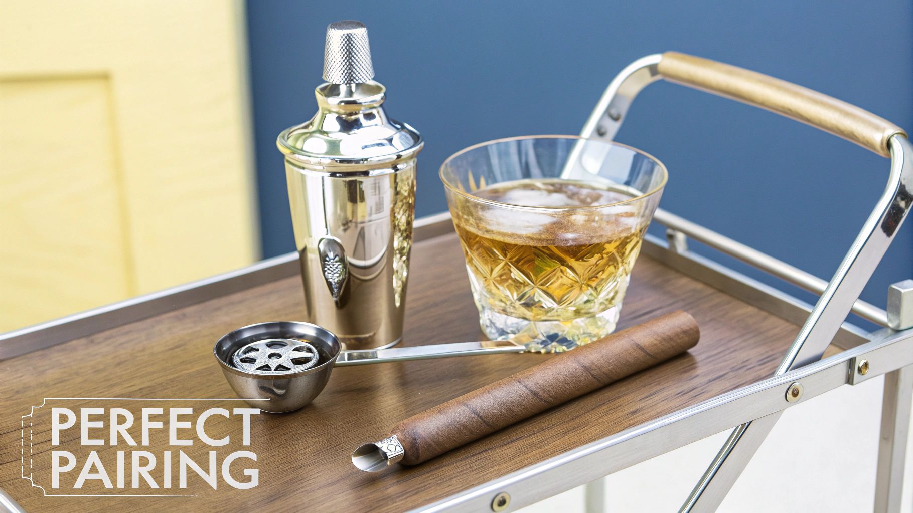 A sophisticated bar cart display with a glass of whiskey, a cigar, and a silver cocktail shaker, labeled 'Perfect Pairing'.